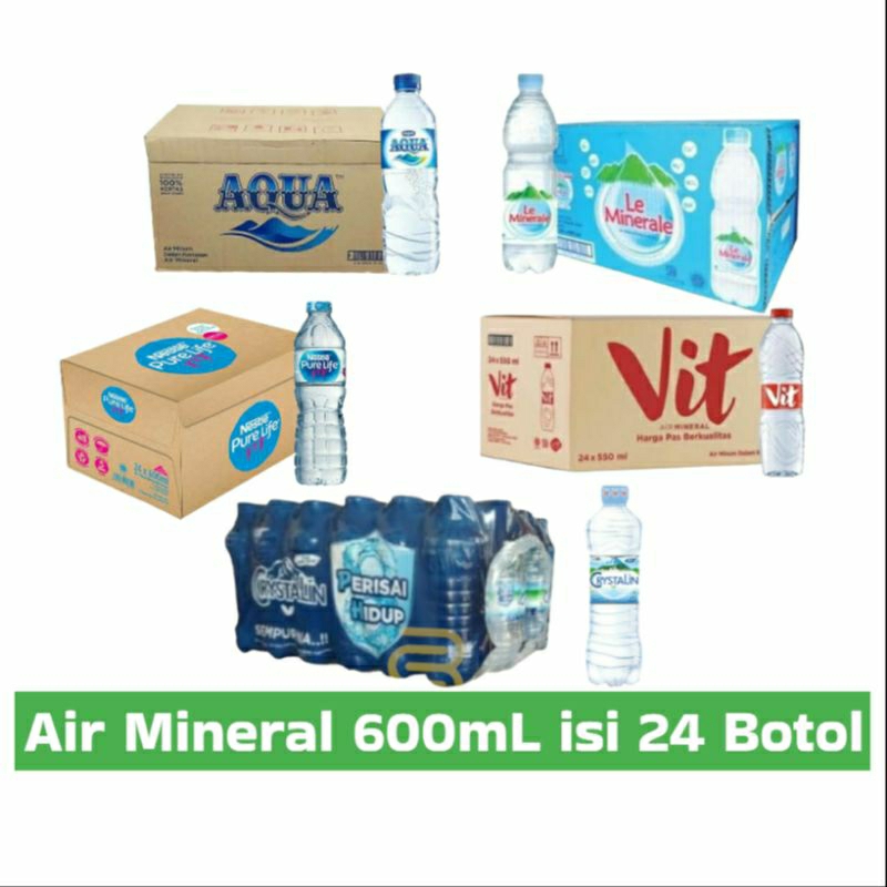 Air Mineral 600ml 1 Dus isi 24 Botol Sedang Crystalin | Pure Life | Le Minerale | Aqua | Vit GSV