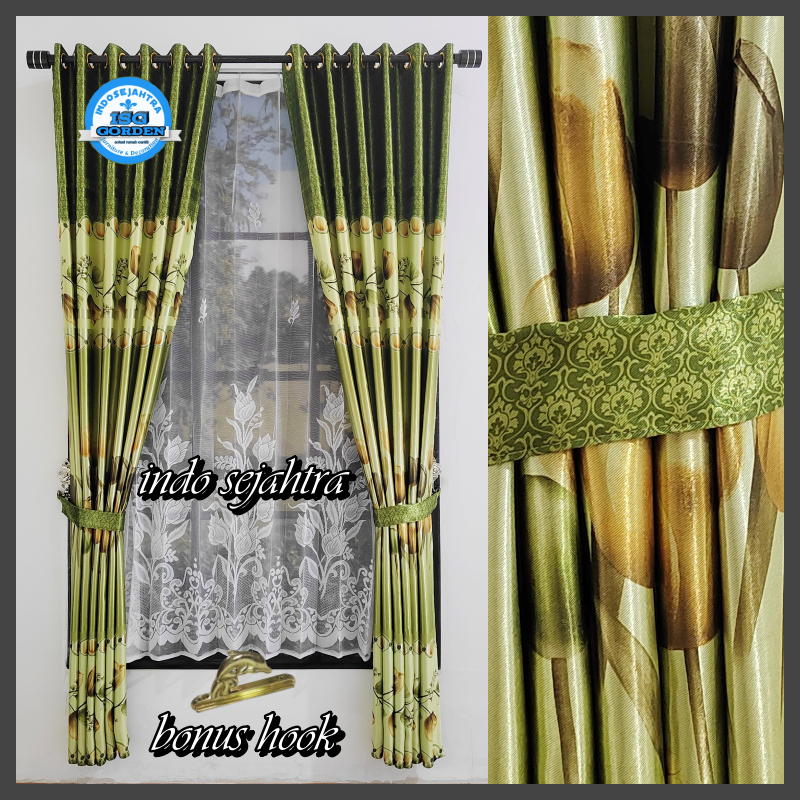 Gorden Pintu Minimalis Blackout Printing Motif Bunga Tulip hijau Model smokring Silver Tinggi 230 Cm