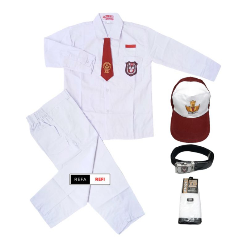 Setelan Seragam Sekolah SD Putih Putih Anak Laki-laki Baju Lengan Panjang Celana Panjang