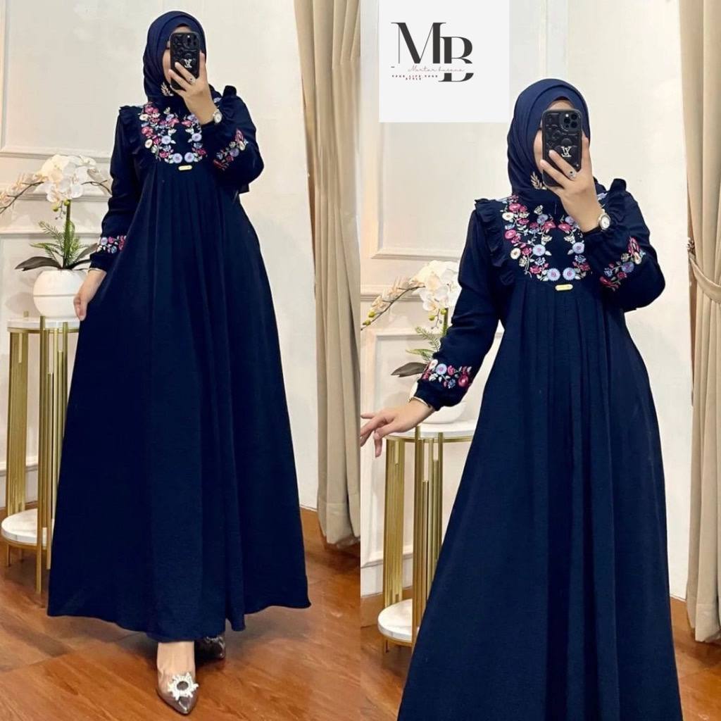 GAMIS BORDIR BUNGA TIMBUL BAHAN CRINKLE/GAMIS AZIZAH MEWAH TERBARU TERMURAH-Navy