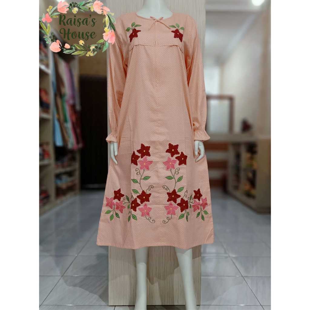 DASTER TUNIK BORDIR KHAS MALANG - LENGAN PANJANG | PEACH