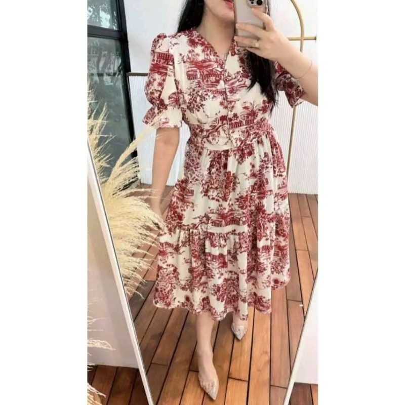 (PO - PRE ORDER) Riona printed dress - versi motif - korean dress - puff sleeve dress - gaun pesta- 