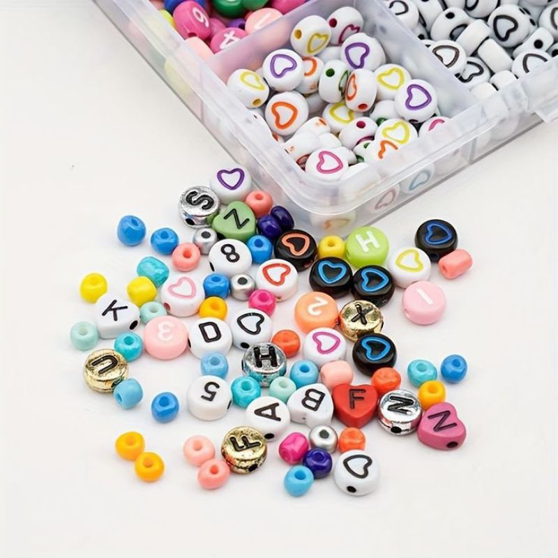 Manik Manik Letter Beads 25gr / Bentuk Kotak Balok Love Bulat / Warna Hitam Silver Gold Rainbow Mera