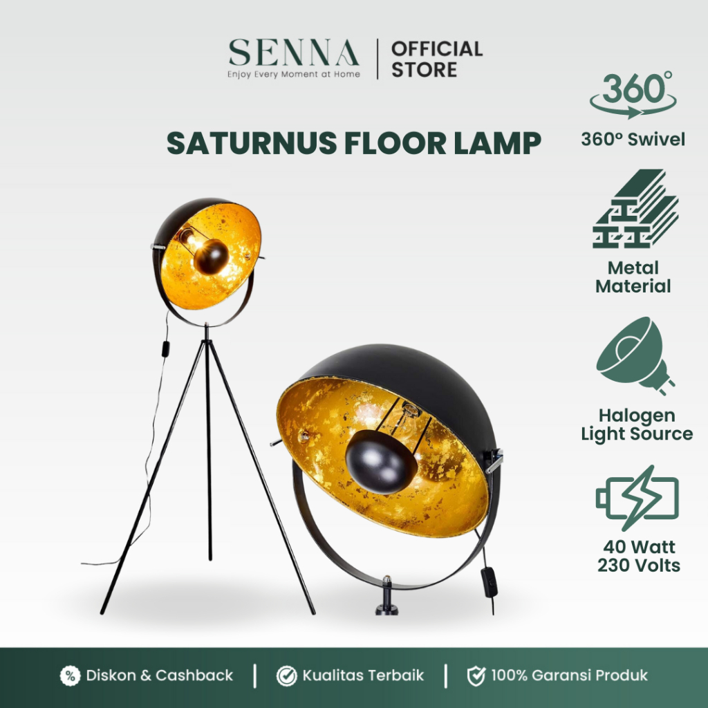 SENNA Lampu Berdiri Vintage SATURNUS Lampu Sorot Emas/Hitam Desain Retro