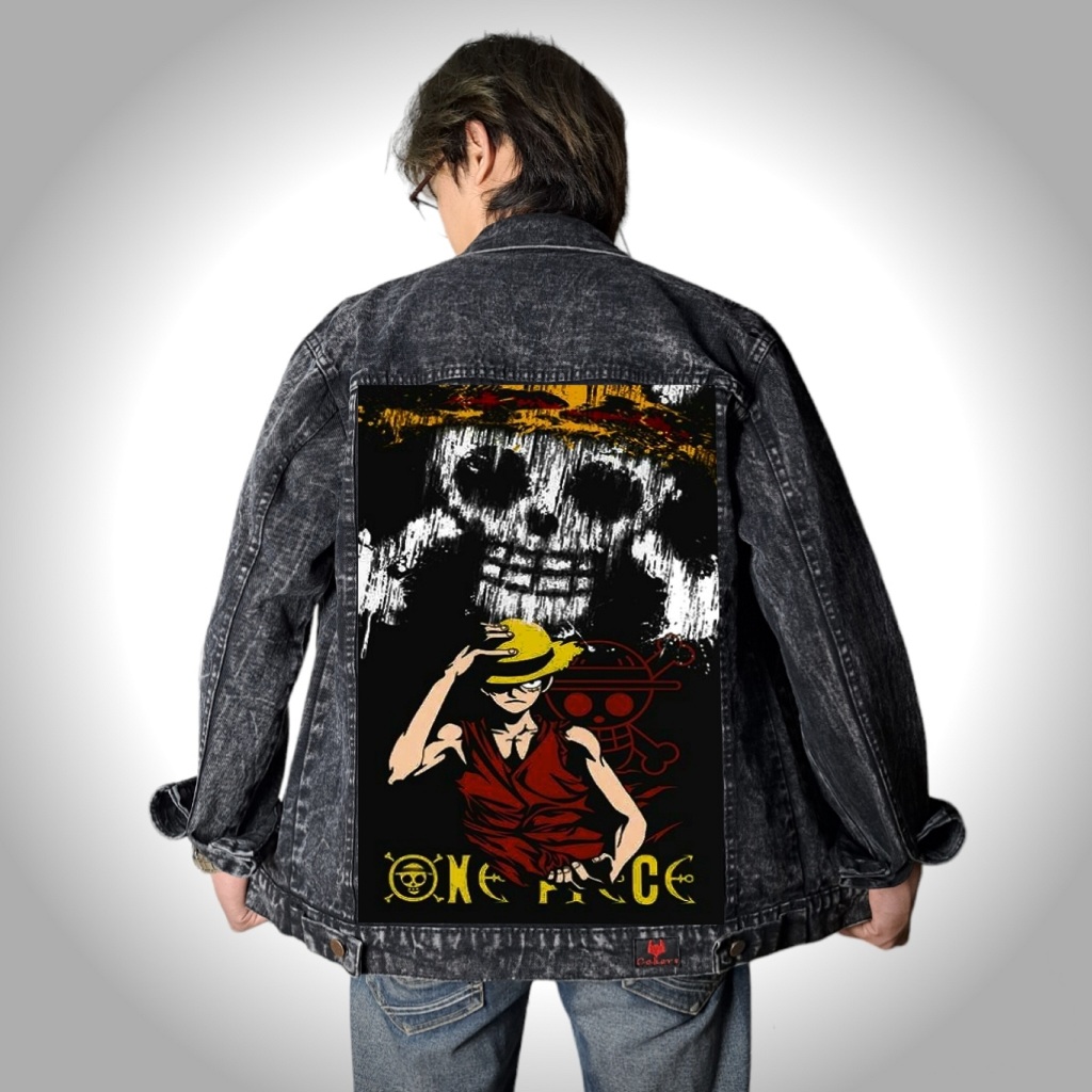 Jaket Jeans Denim Pria - Sandwash Hitam Printing Wibu - One Piece