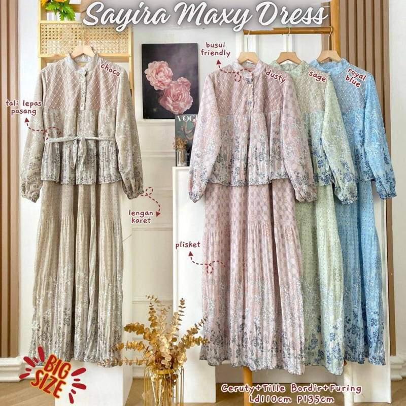 [ORI] Sayira Maxy Dress Plisket Motif Pleats Ruffle Korean Maxy Susun Jumbo Ld 110 Trendy/Gamis Maxy