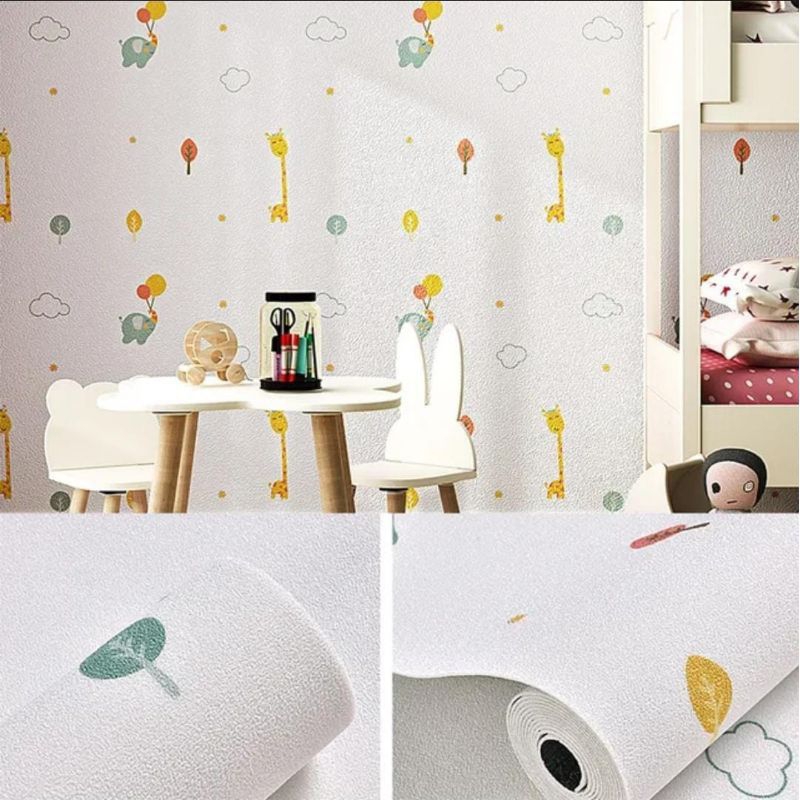 Wallpaper Dinding Linen Foam EMBOSS Roll Karakter Jerapah Alumunium Foil Wallpaper Sticker Dekorasi 
