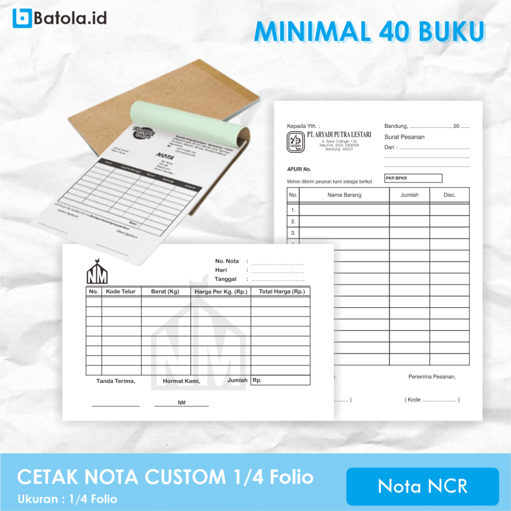 

Cetak Nota Custom 1/4 Folio - 1 Ply dan 2 Ply NCR Grosir | Nota NCR