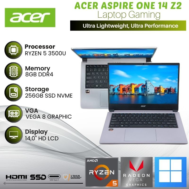 Laptop Baru Acer Aspire One 14 Z2 Ryzen 5 3500U 8GB 256GB Windows + Office 14 Inchi HD - Silver