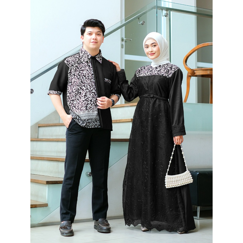 couple baju pasangan muslim motif batik dan kemeja lengan Pendek pria Gamis Kombinasi Tile Sarimbit 