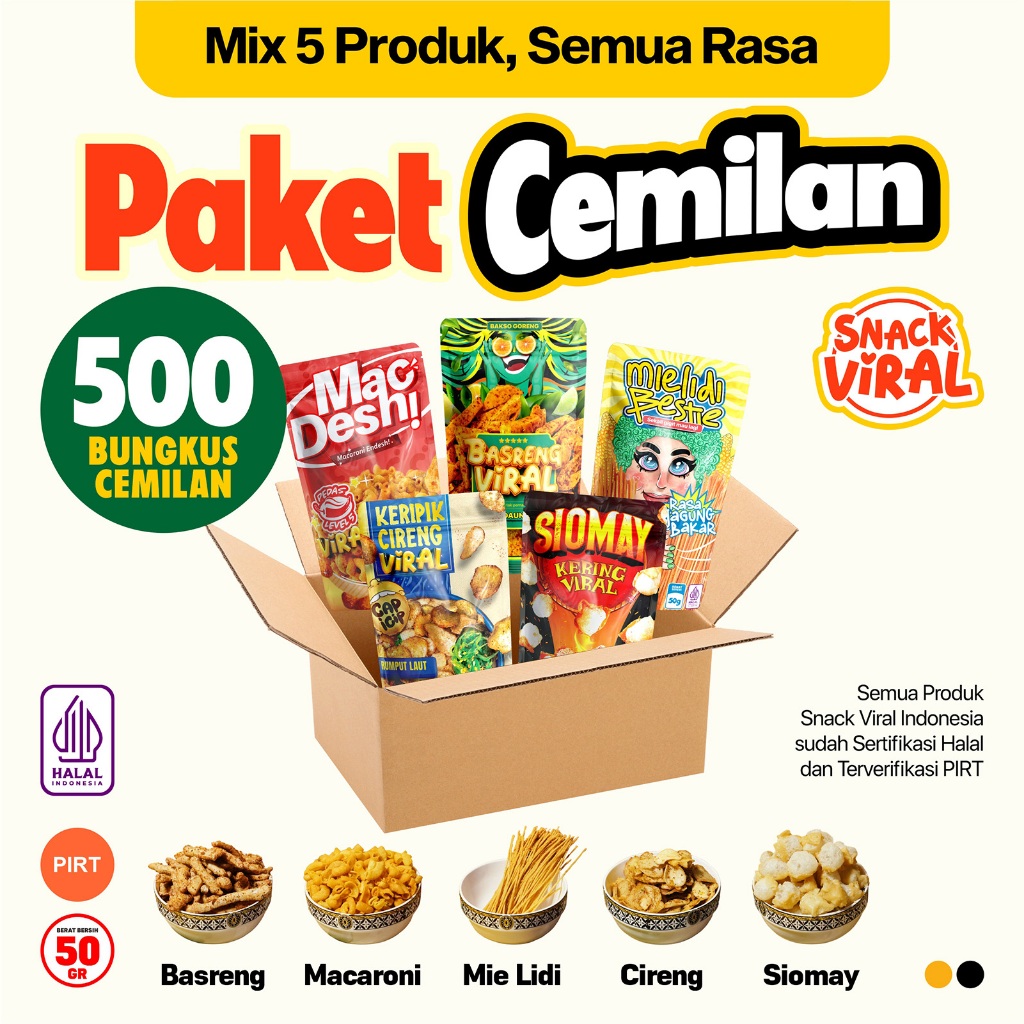 

Snack Viral - Paket Cemilan 500 Bungkus - Basreng, Makaroni, Mie Lidi, Keripik Cireng, Siomay - Usaha Murah