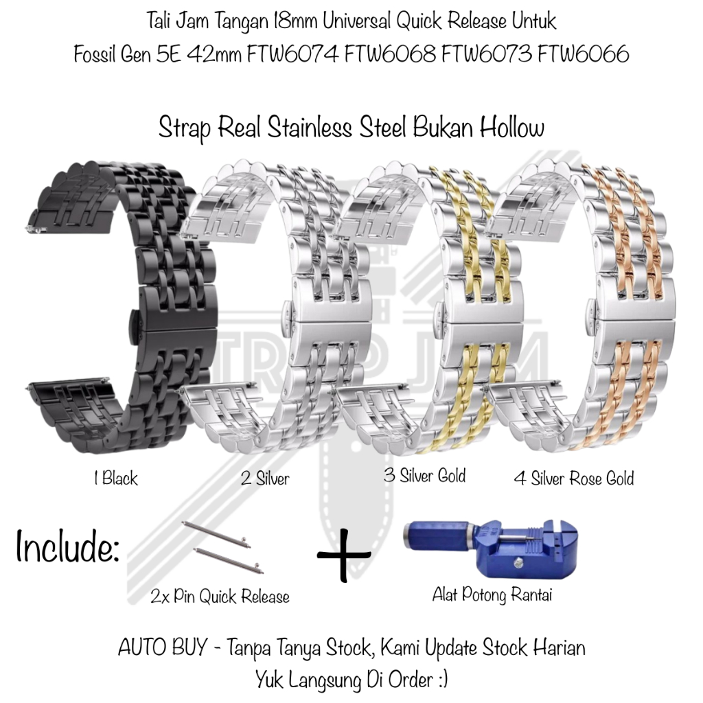 QRD 18mm Strap Fossil Gen 5E 42mm FTW6074 FTW6068 FTW6073 FTW6066 - Tali Jam Tangan Stainless Steel