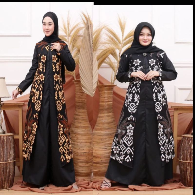 GAMIS ELIZIA MOTIF BOROBUDUR POLOS KOMBINASI BATIK M L XL XXL 3L 4L 5L LD 110 120 130 140 CM HITAM C