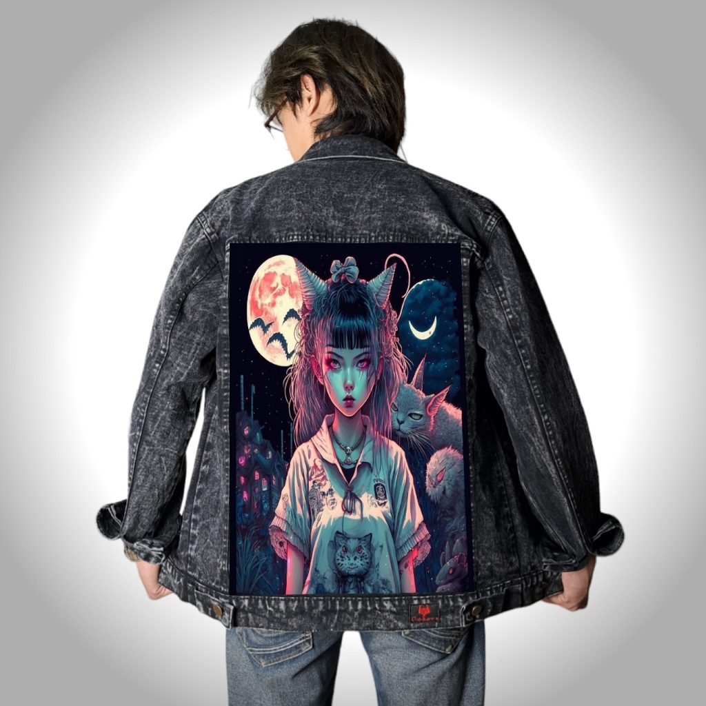 Jaket Jeans Denim Printing Gambar Belakang - Sandwash Hitam Anime Cat Lady