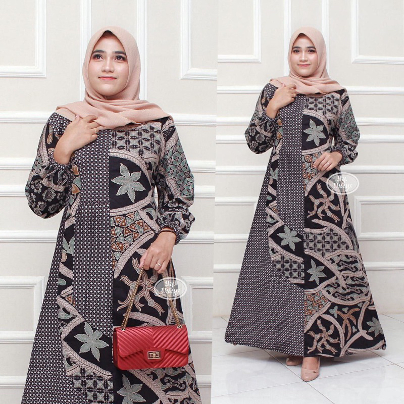 Baju Gamis Batik Wanita Modern Kombinasi Polos Pekalongan Jumbo Lebaran Terbaru