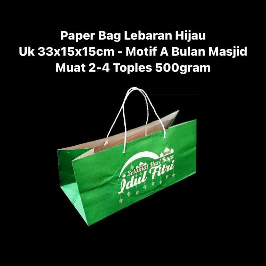 

(10 pcs) paperbag hijau lebaran goodie bag kemasan toples kue kering 500gr isi 4 hantaran idul fitri eid mubarak ukuran 33x15x15cm