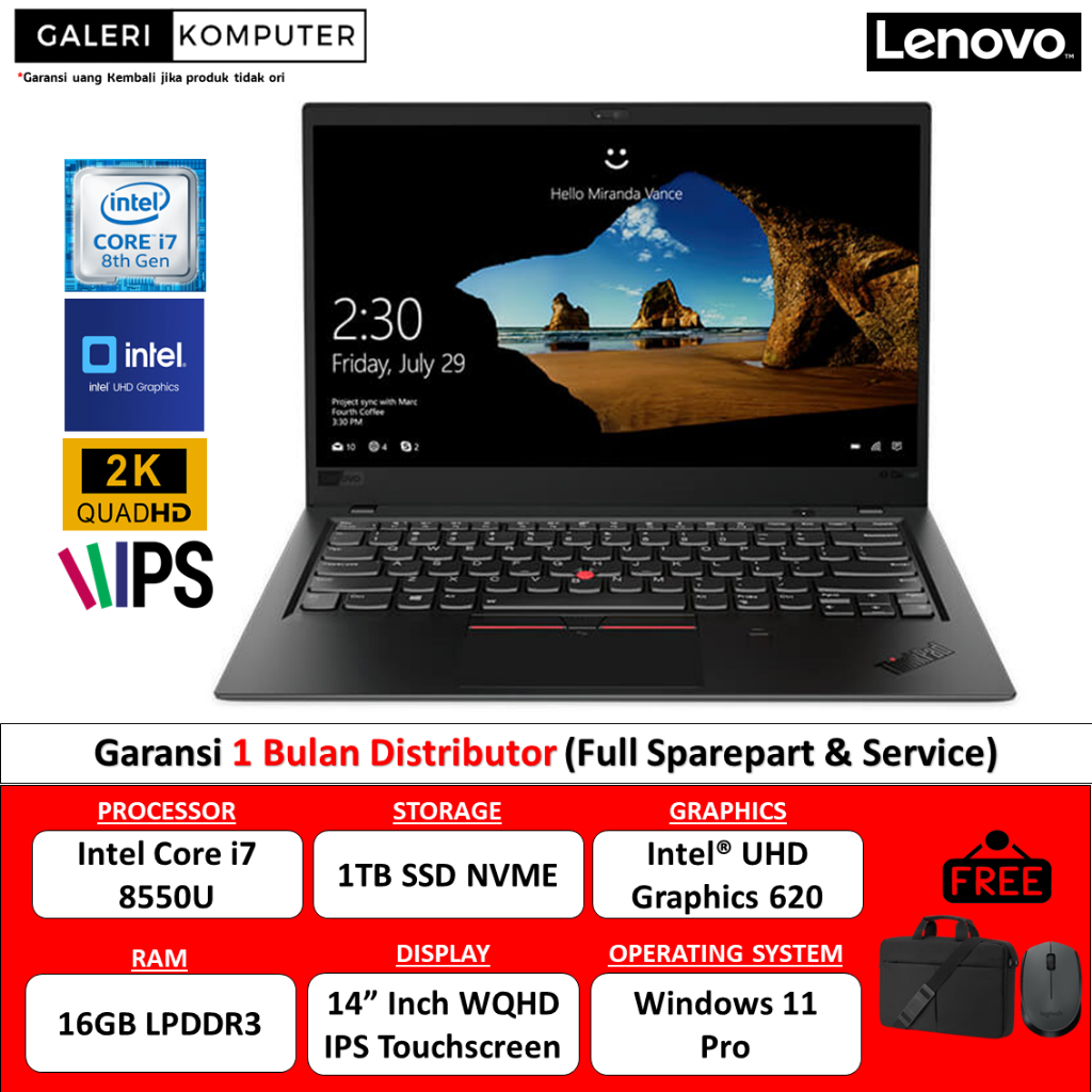Laptop Lenovo Thinkpad X1 Carbon Intel i7 8550U 16GB 1TB SSD WQHD Touch Windows 11 Pro