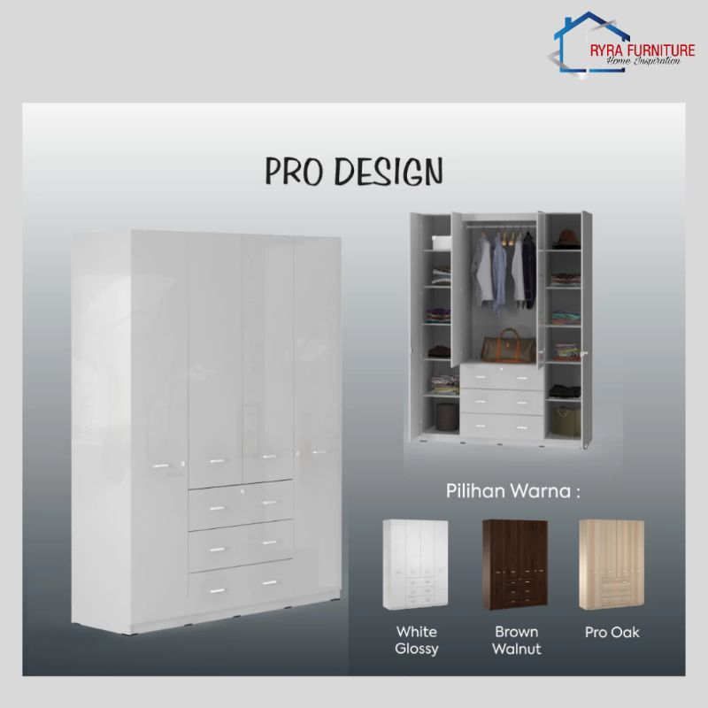 PRO DESIGN - BELVIS 160 - LEMARI PAKAIAN 4 PINTU DENGAN LACI/LEMARI PAKAIAN MINIMALIS/LEMARI PAKAIAN