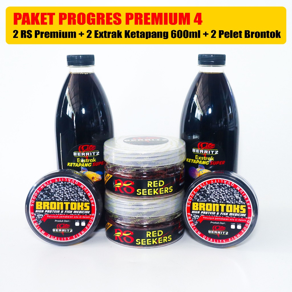 PAKET PROGRES PREMIUM 4 RS Premium Extrak Ketapang dan Pelet Brontok Berritz Pakan ikan channa