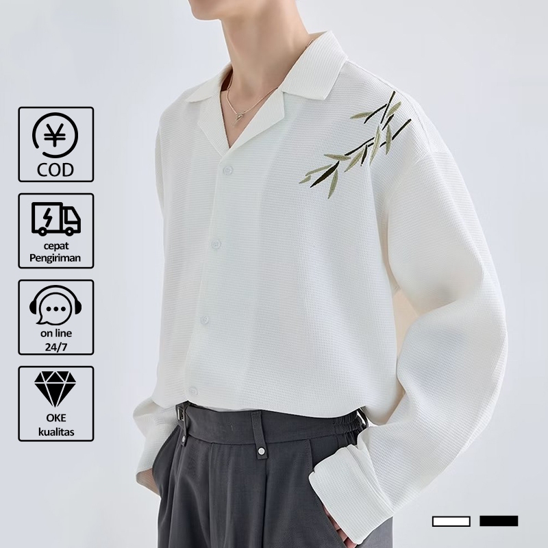 Kemeja Pria Lengan Panjang kantor original formal kasual putih baju korean style V Neck oversize pri