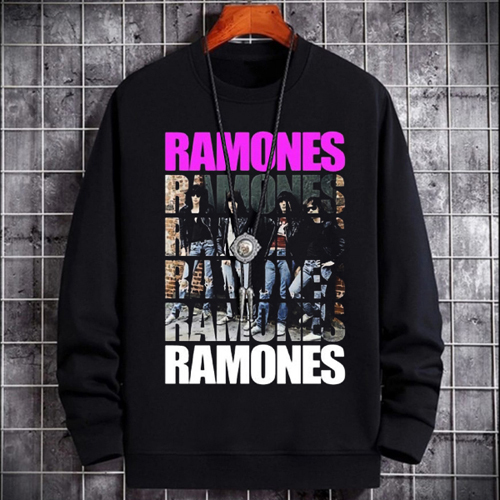 Ramones Band Crewneck Casual Black Sweater Bahan Katun Fleece