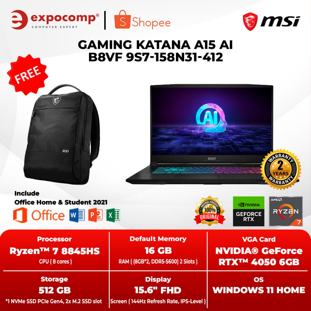 MSI GAMING KATANA A15 AI B8VF 9S7-158N31-412 AMD R7-8845HS RTX4050 WIN