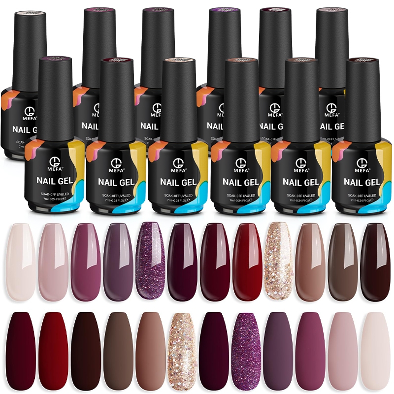 MEFA Gel Nail Polish Set 12 Warna 7ml Semua musim koleksi Gel Polish Nail Kit Popular Nude Pink Red 