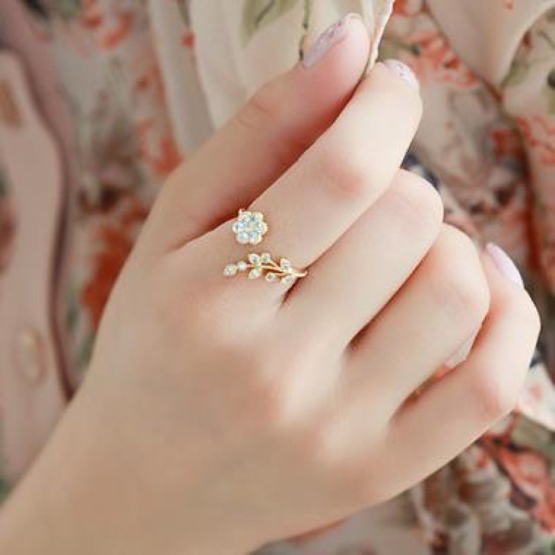 Cincin bunga daisy dan daun berlian imitasi / aksesoris accesoris perhiasan jewelry ring flower wani