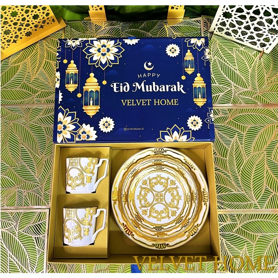 Hampers piring mug lebaran idul fitri eid mubarak parcel gift set gold - 2 mug + 2 plate Platinum Ha