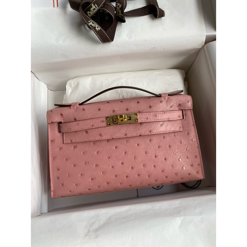 HM Ostrich Kelly Pochette Nude Pink GHW