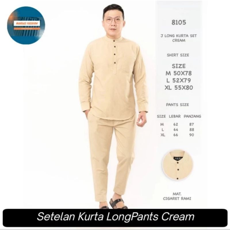 Setelan Baju Kurta Pria Dewasa Satu Set Kemeja Kurta Celana Sirwal Cream Kurta Polos