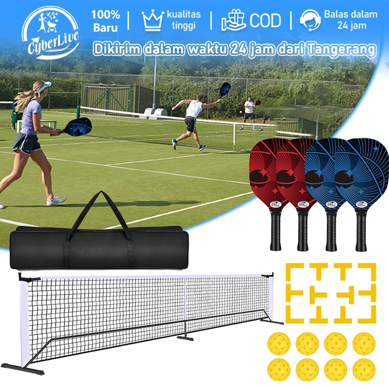 Pickleball Full Set Pickleball Net + 4pcs Raket Pickleball + 8pcs Bola