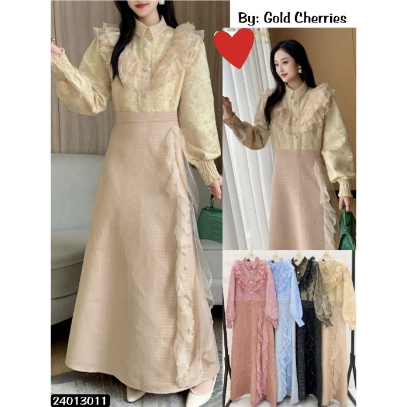 Gamis Gold Cheries Maxi Dress Import Tweed Renda Glinda (FCODI1221)