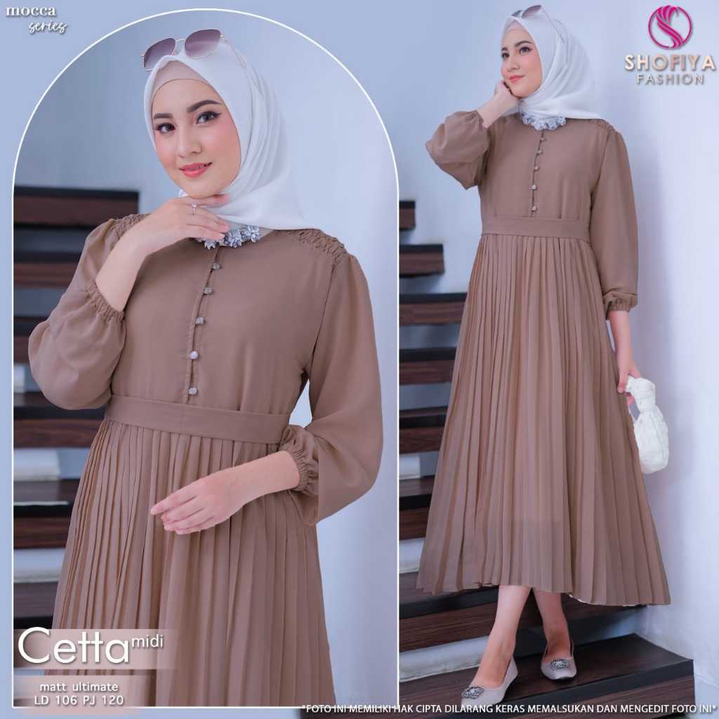 ctt midi dress dres pakaian baju gamis plisket adem tebal pesta lebaran kondangan motif polos ld 106