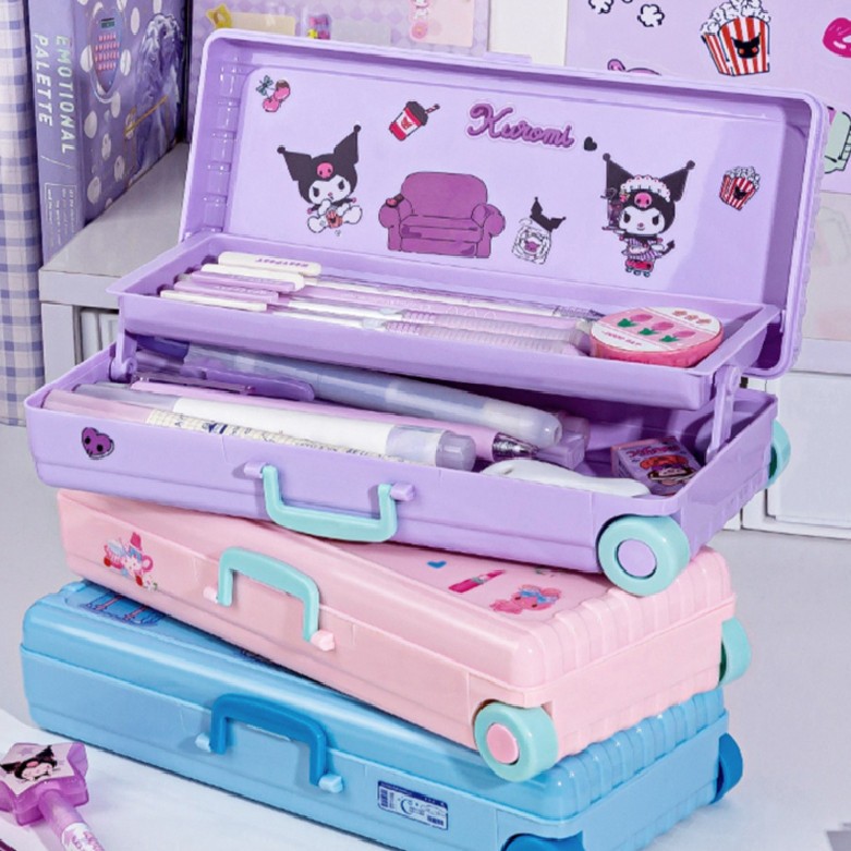 

Sanrio Suitcase Styled Pencil Case Double Layer Large Capacity Stationery Box Waterproof Kuromi / Melody Kartun Pensil Kasus Troli Kotak Alat Tulis