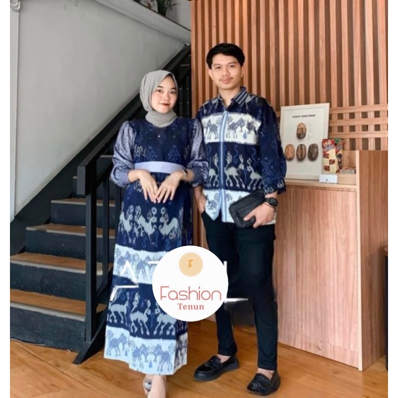 set baju couple tenun fatma sumba navy - baju couple kondangan - tenun couple set - kemeja&gamis kon