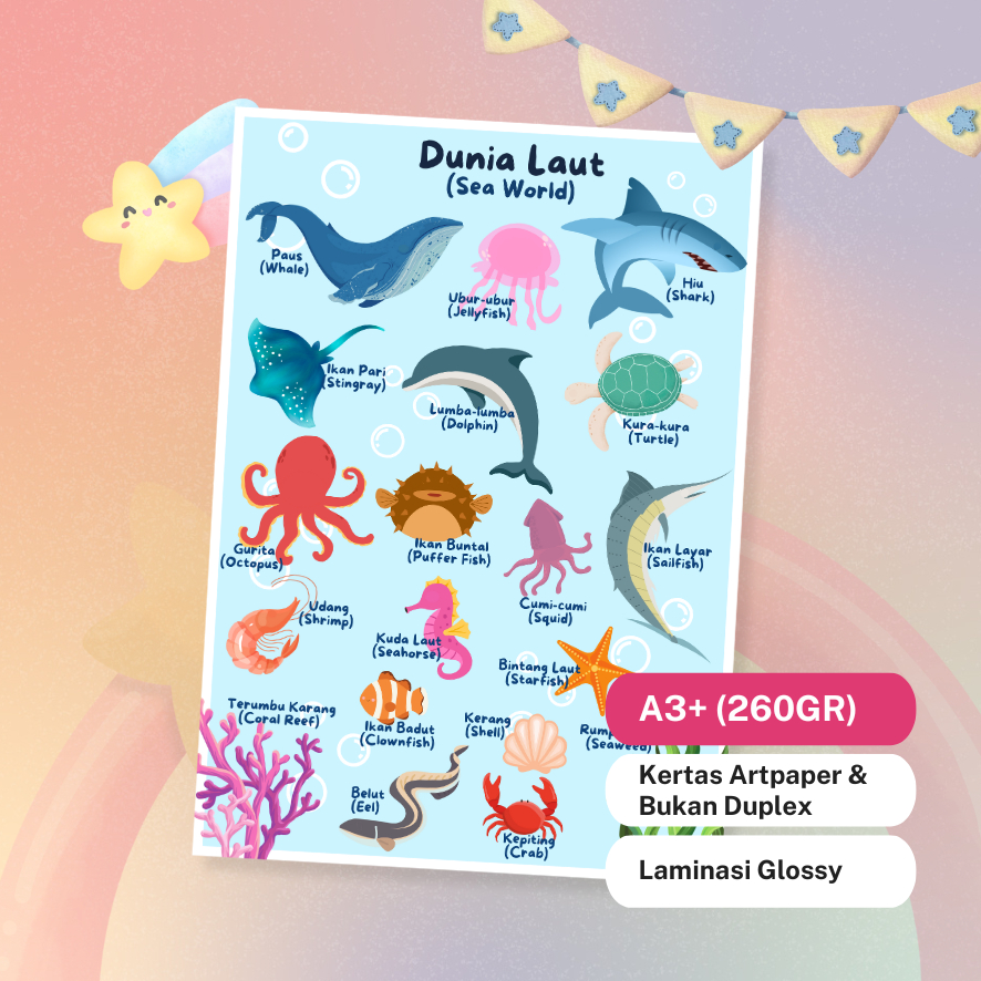 POSTER LAMINASI Hewan Laut Sea World / Poster Hewan Laut | Poster Edukasi Anak