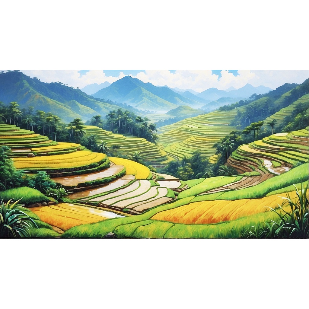 Lukisan Pemandangan dan Terasering Sawah yang Realistis