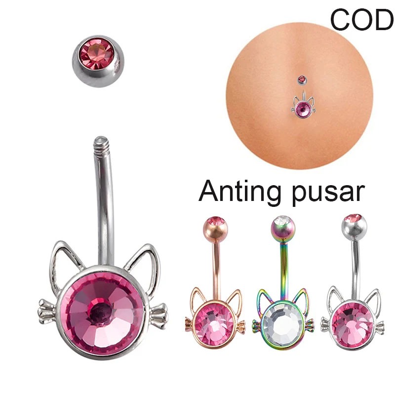 belly piercing Fashion Zirkon lucu pola kucing tindik pusar cantik wanita anting pusar anti karat pi