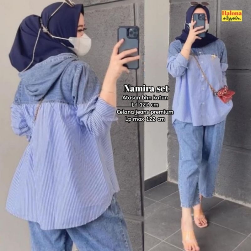 Namira One Set Setelan Celana Blouse Jeans Mix Katun Salur Garis Ld 122 Jumbo Fit XXL By Halona
