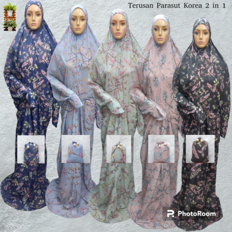 Mukena Travelling Parasut Korea terusan motif tas mini