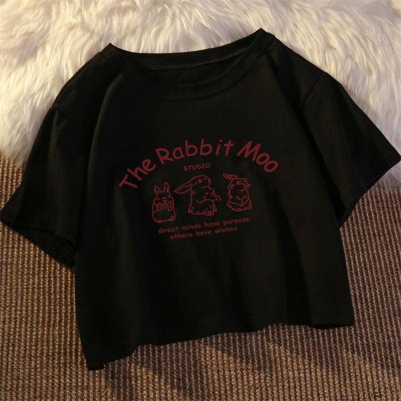Po floret Kaos pendek longgar Hip hop alphabet bunny crop top wanita y2k retro style
