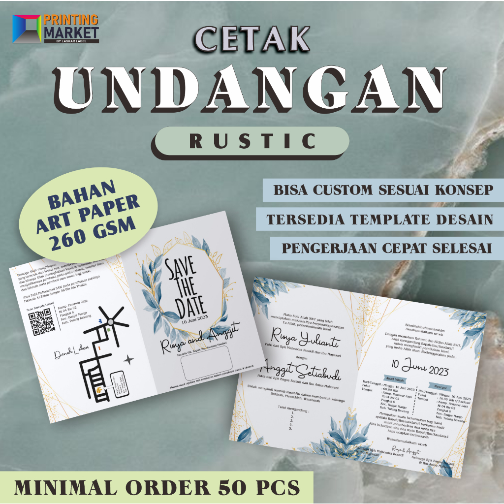 CETAK UNDANGAN PERNIKAHAN RUSTIC MURAH UNDANGAN PERKAWINAN UNIK VINTAGE PESTA WEDDING ELEGAN BAHAN A