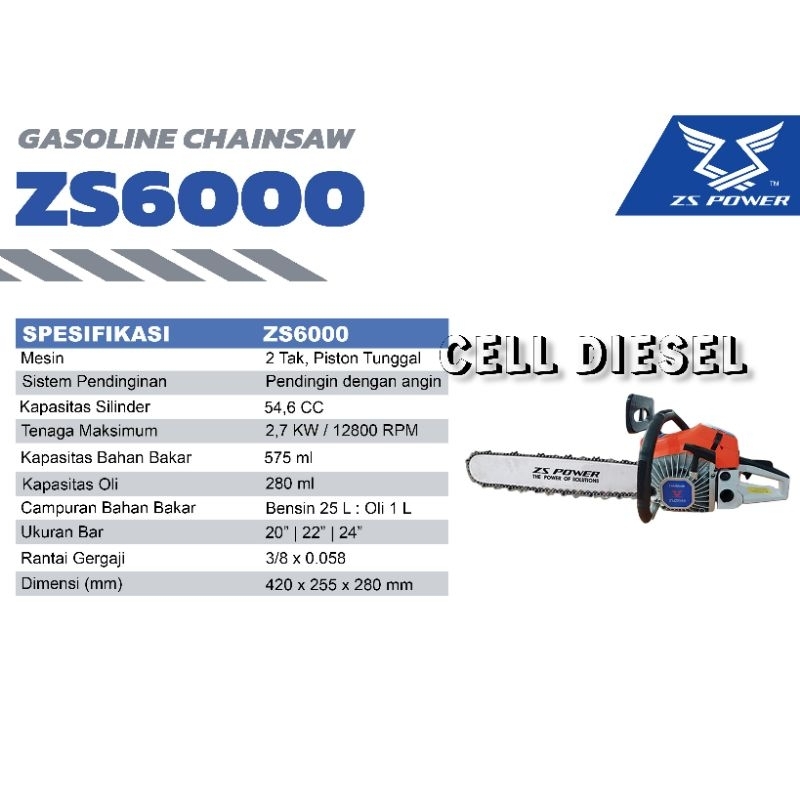 Mesin Chainsaw ZS POWER ZS6000 Bar 22 Inch