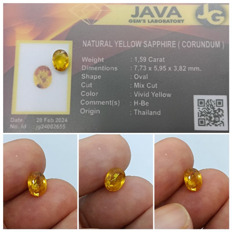 Natural Yellow sapphire Thailand 1,59 ct Top Luster memo GLI mirip Safir Srilanka