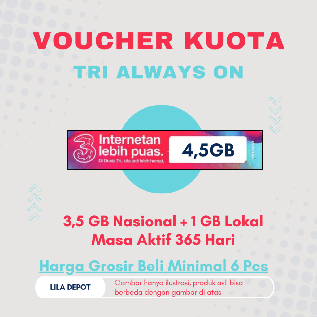 Voucher Data Fisik Tri/Three/3 AON Kuota Nasional 3,5 GB + Kuota Lokal 1 GB; Masa Aktif 365 Hari: Ha
