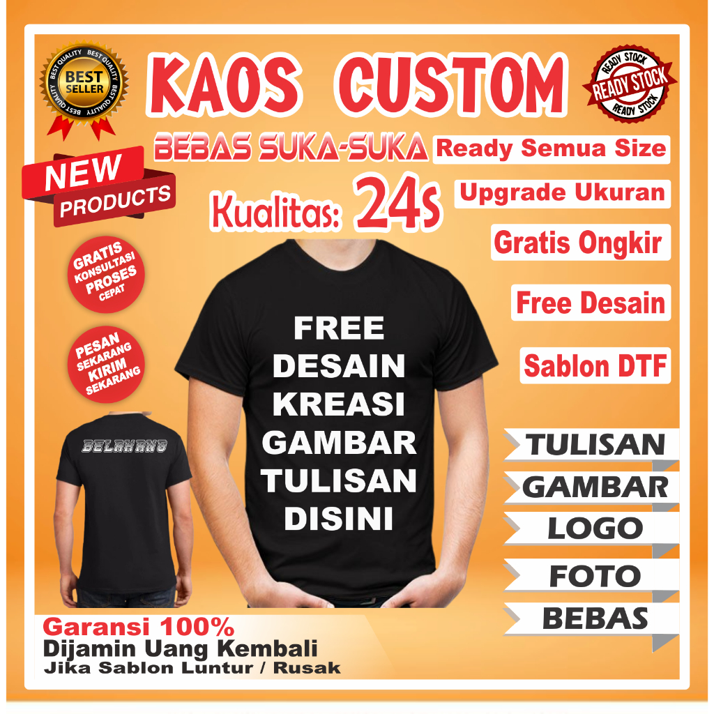 BAJU KAOS T SHISRT TSHRT  SABLON CUSTOM CUSTOME COSTUM COSTUME SATUAN LUSINAN DESAIN  NAMA KATA KATA