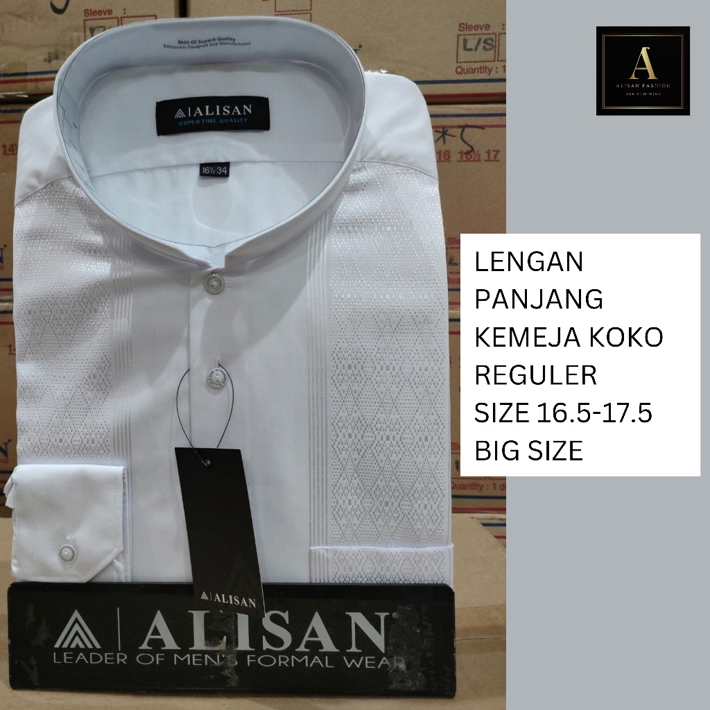 Alisan Kemeja Pria Lengan Panjang Kemeja Koko Putih Reguler BIG SIZE