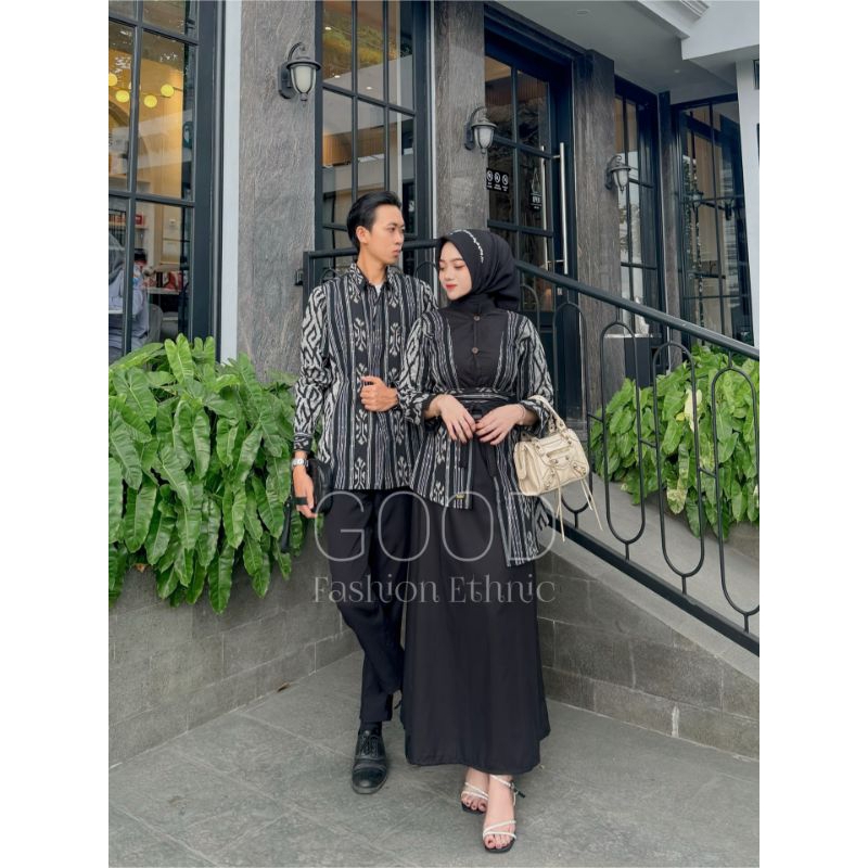 BAJU TENUN COUPLE - GAMIS MARWAH BLACK TORAJA - COUPLE PREWEDING LAMARAN - GAMIS DRESS WANITA KEMEJA