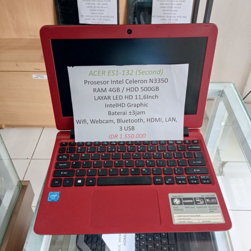 Second LAPTOP ACER ES1-132 Intel Celeron N3350 RAM 4GB HDD 500GB Notebook 11.6inch Seken Bekas